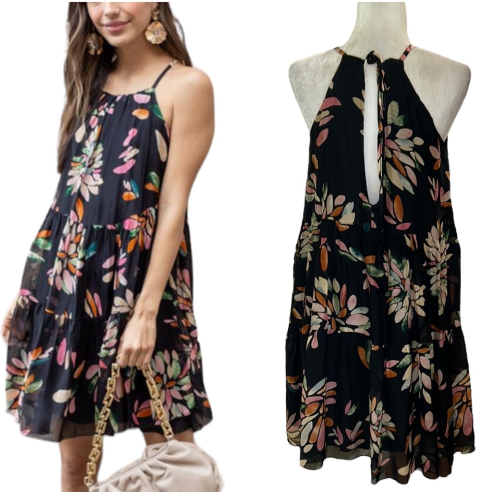 NWT FRNCH Paris Mona Silk Pastel Floral Cutout Halter Mini Shift Column Dress  M